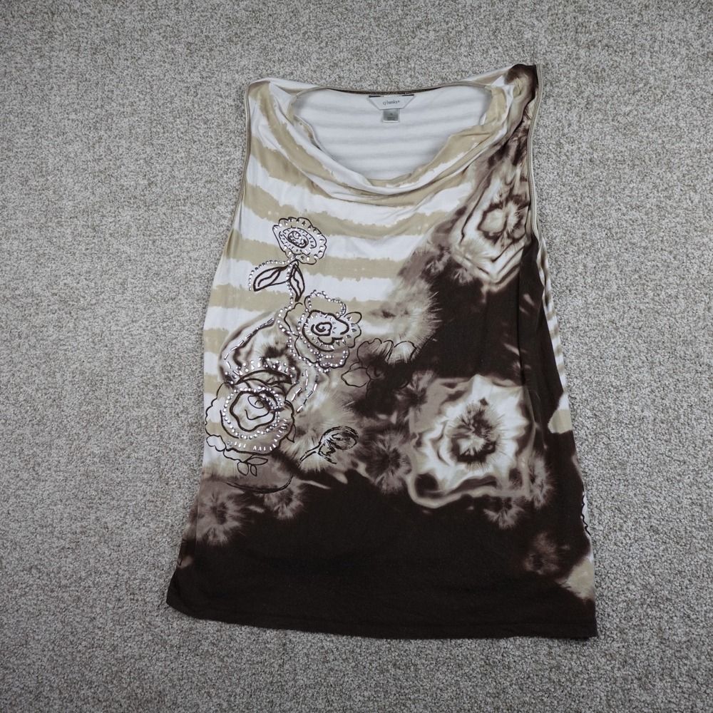 CJ Banks Womens 1X Brown Tan Floral Tie Dye Striped Cowl Neck Sleeveless Top - Picture 2 of 5